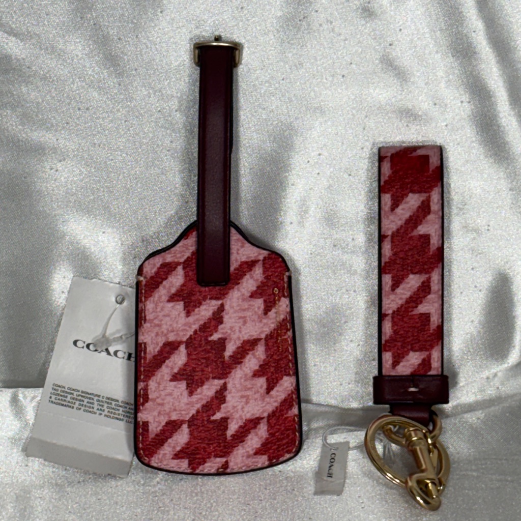 Nwt Coach Red And Pink Houndstooth Luggage Tag & Keychain